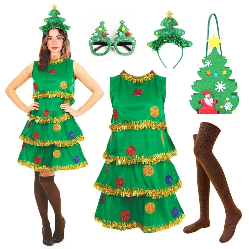 Xmas Costumes - Festive Christmas Tree Party Dress Costume with Accessories