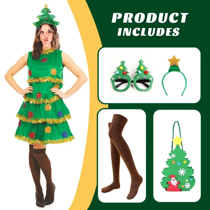 Xmas Costumes - Festive Christmas Tree Party Dress Costume with Accessories