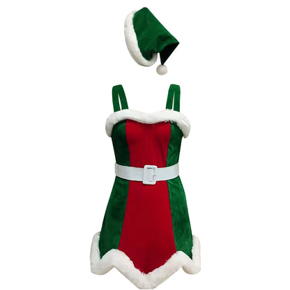 Xmas Costumes - Holiday Christmas Dress Cosplay Outfit Belted Dress with Hat