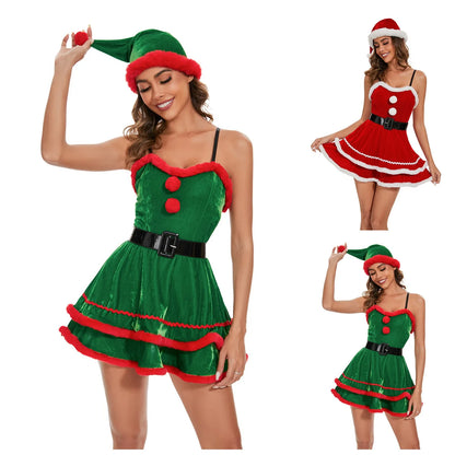 Xmas Costumes - Velvet Santa Costume Plush Dress Christmas Hat and Belt 3 Piece