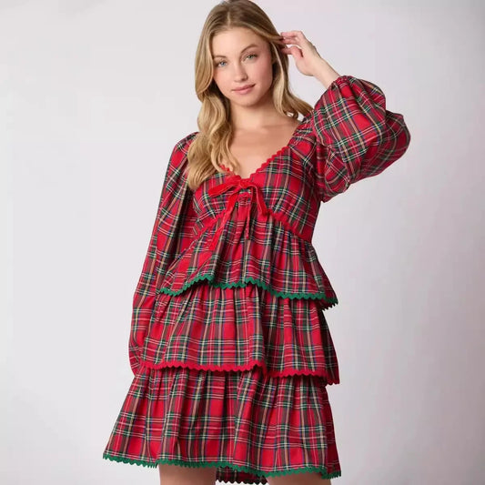 Xmas Dresses - Holiday Christmas Festive Tartan Ruffle Dress