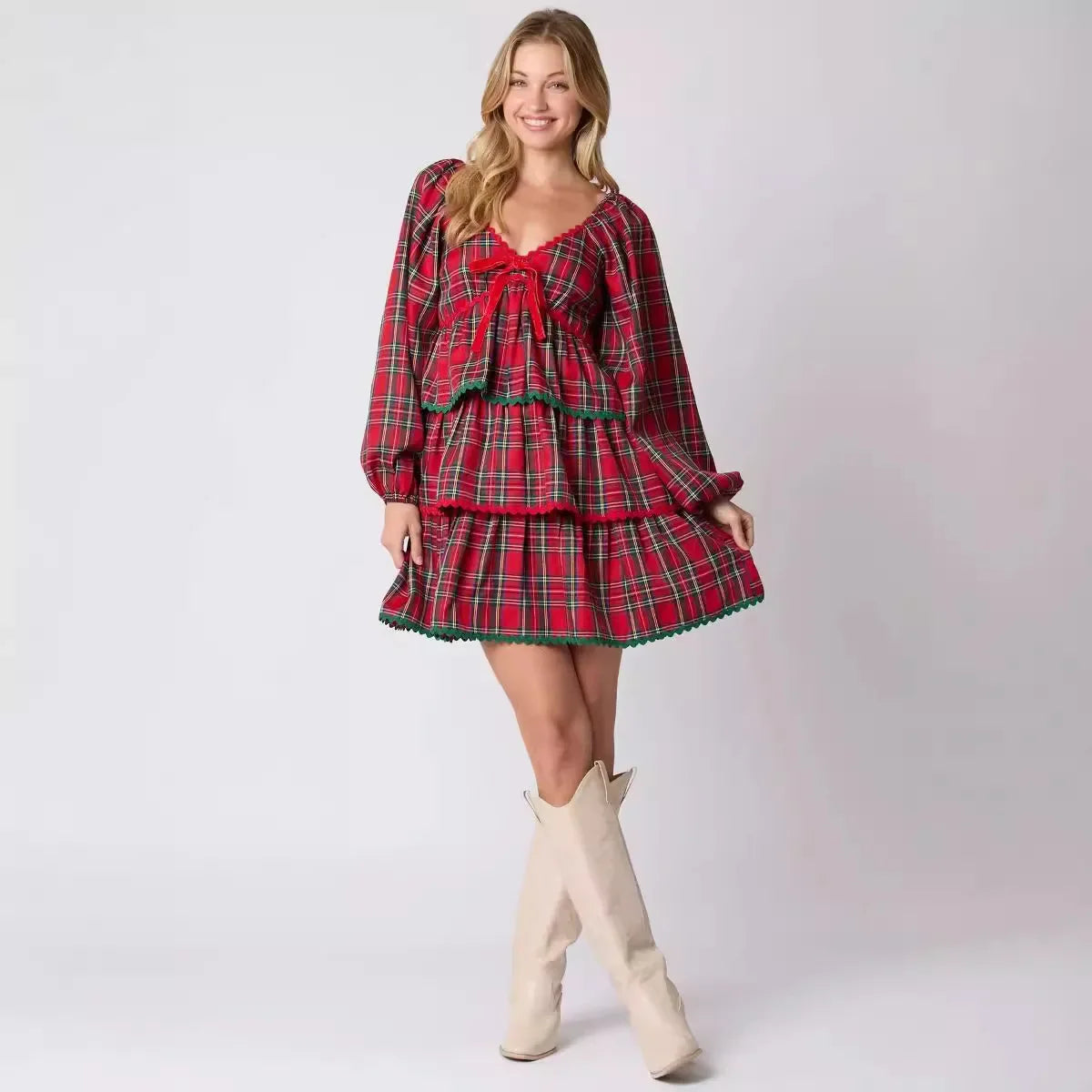 Xmas Dresses - Holiday Christmas Festive Tartan Ruffle Dress