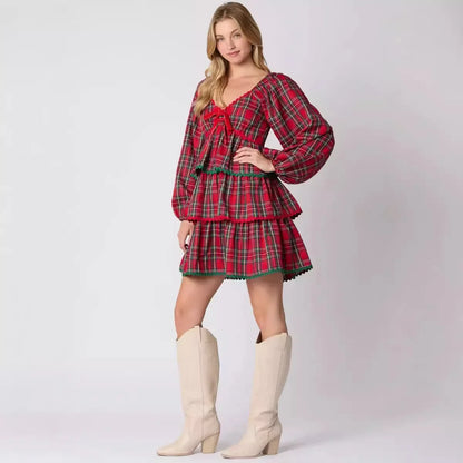 Xmas Dresses - Holiday Christmas Festive Tartan Ruffle Dress