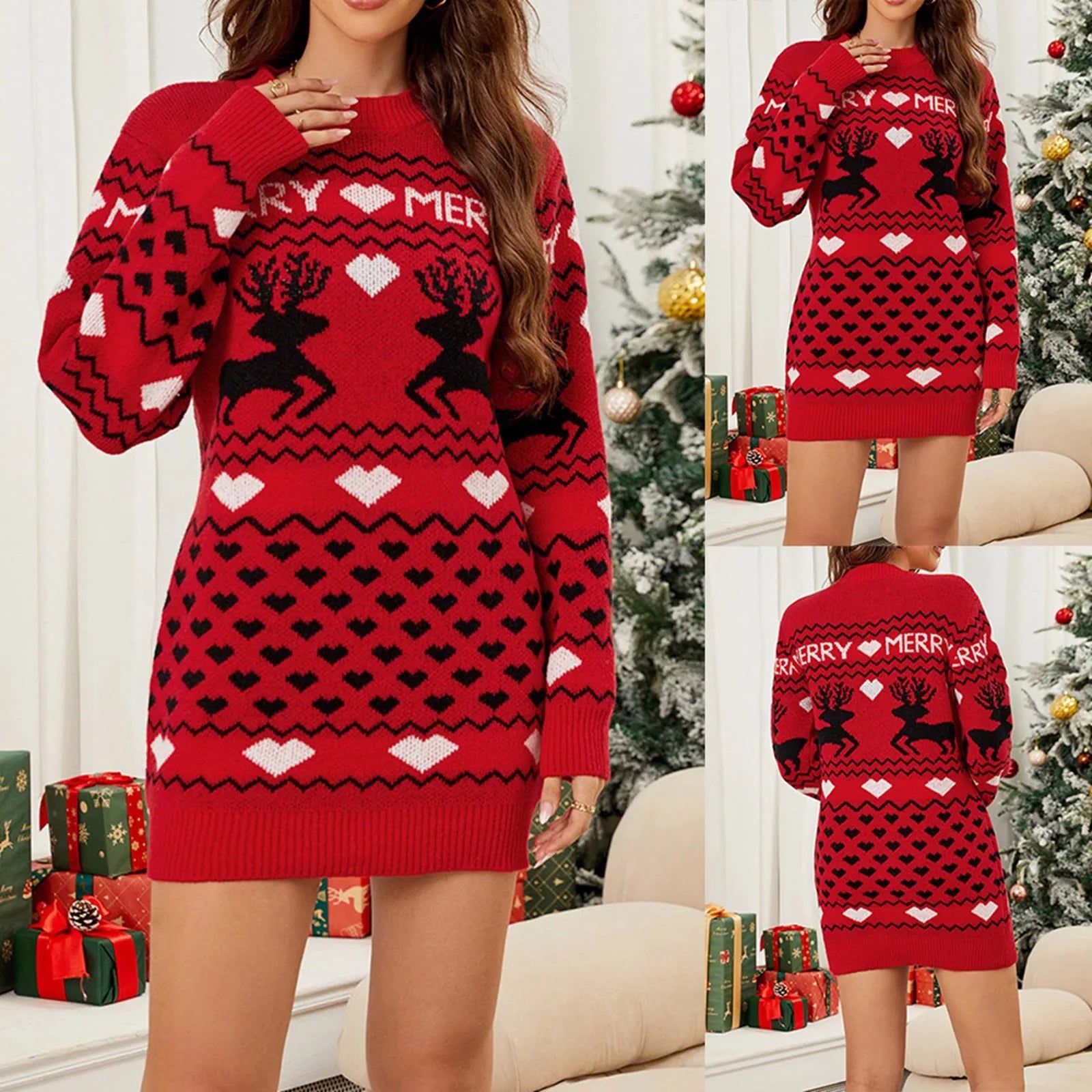 Xmas Dresses - Merry Christmas Reindeer Mini Sweater Dress