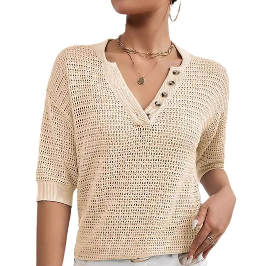 Knit Tops - V-neck Hollow Knitwear Women's Clothing