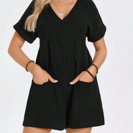 Rompers - Batwing Sleeve Pocket Patched Romper