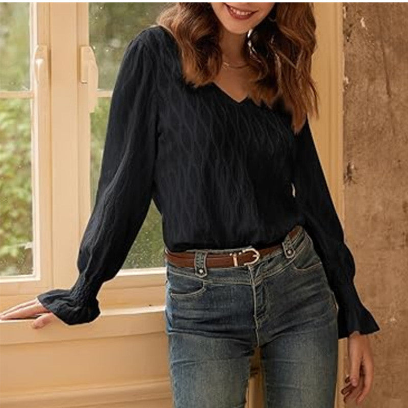 Blouses - Fashion V-neck Long Sleeve Smocking T-shirt Top Women's Clothing