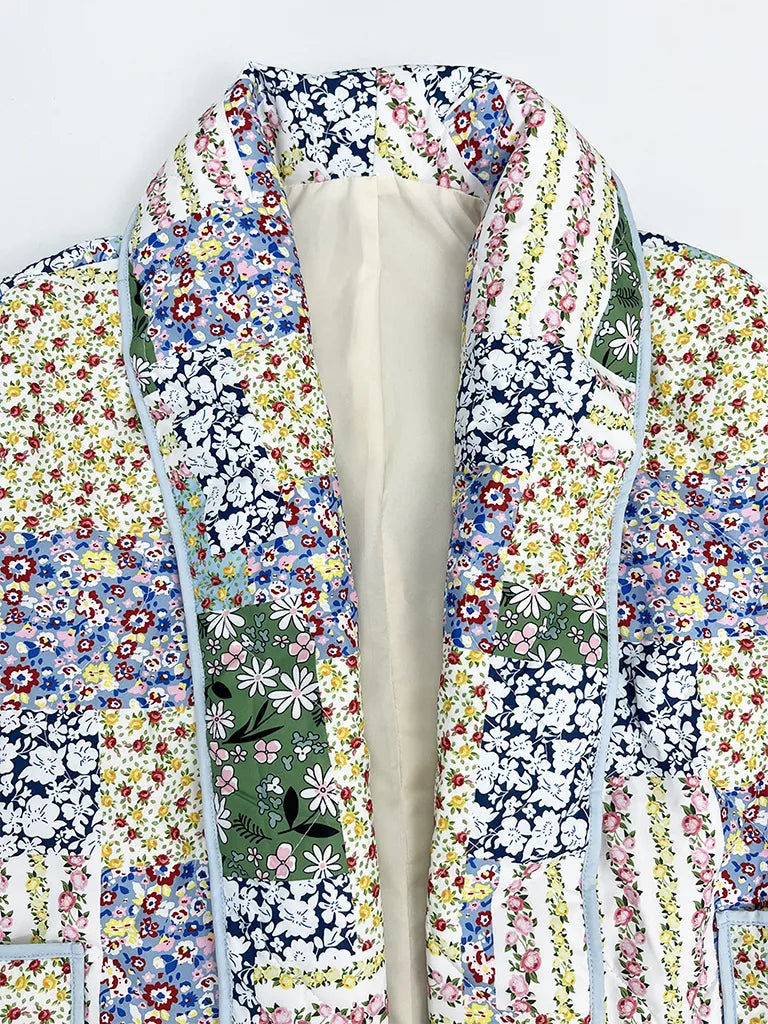 Quilted Jackets- Floral Print Shawl Lapel Open Front Quilted Jacket- - Pekosa Women Clothing