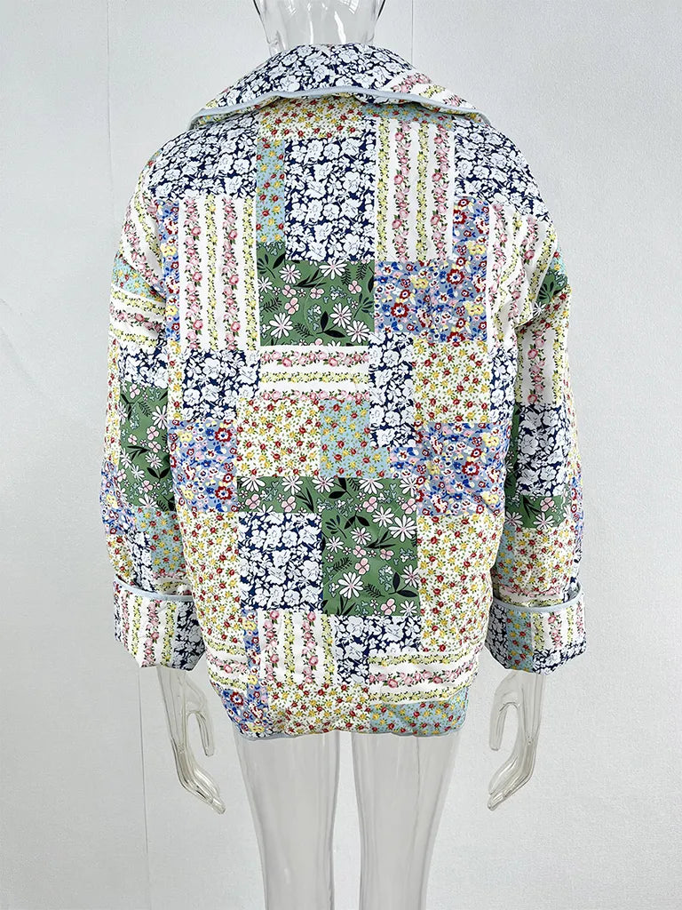 Quilted Jackets- Floral Print Shawl Lapel Open Front Quilted Jacket- - Pekosa Women Clothing