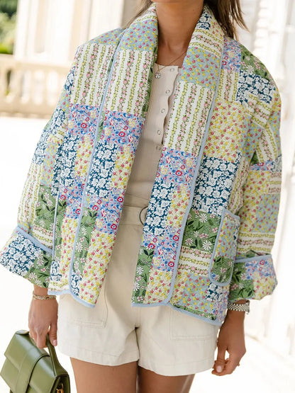 Quilted Jackets- Floral Print Shawl Lapel Open Front Quilted Jacket- - Pekosa Women Clothing