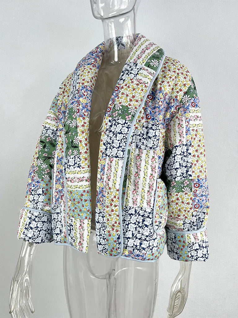 Quilted Jackets- Floral Print Shawl Lapel Open Front Quilted Jacket- - Pekosa Women Clothing