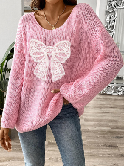 Sweaters - Oversized Pink Sweater with Lace Bow