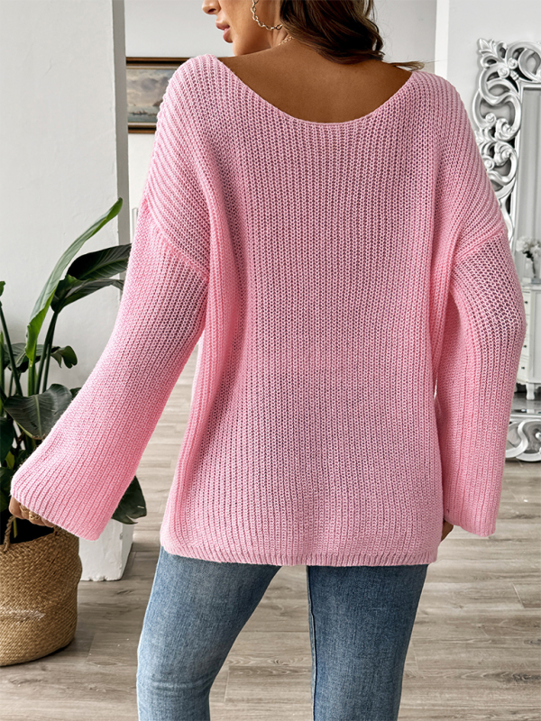 Sweaters - Oversized Pink Sweater with Lace Bow