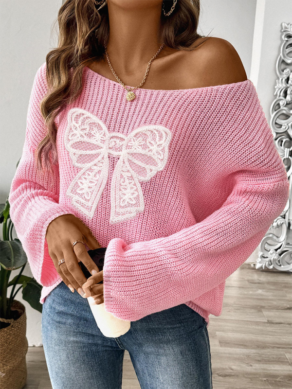 Sweaters - Oversized Pink Sweater with Lace Bow