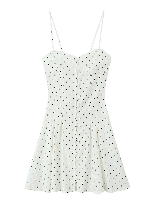 Cami Dresses - Fashionable suspender polka dot print single-breasted dress