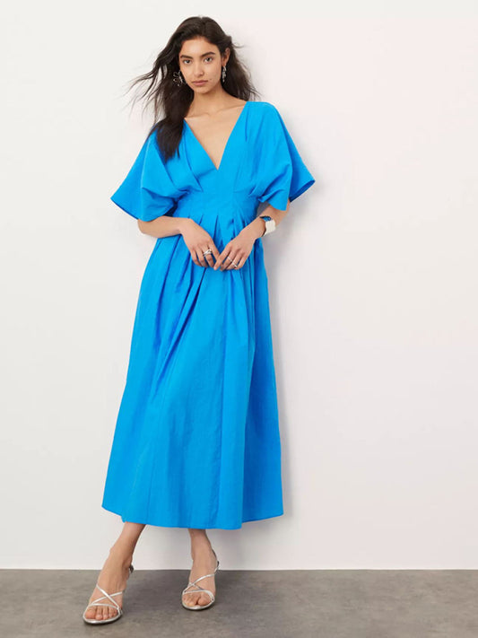 Casual Dresses - New Blue V-neck Pleated Maxi Dress Loose Elegant Dress