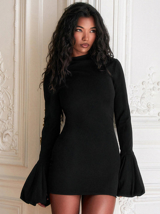 Mini Dresses - Women's round neck long sleeve puff sleeve dress