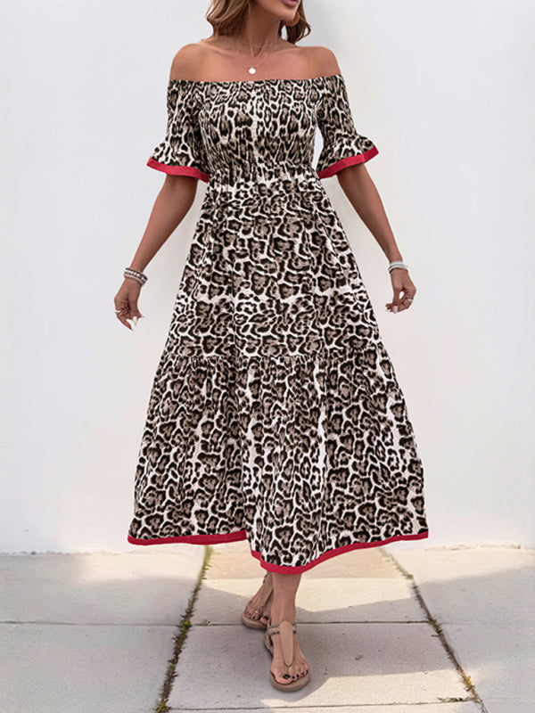 Casual Dresses - Leopard print dress with ruffled sleeves and boat neckline