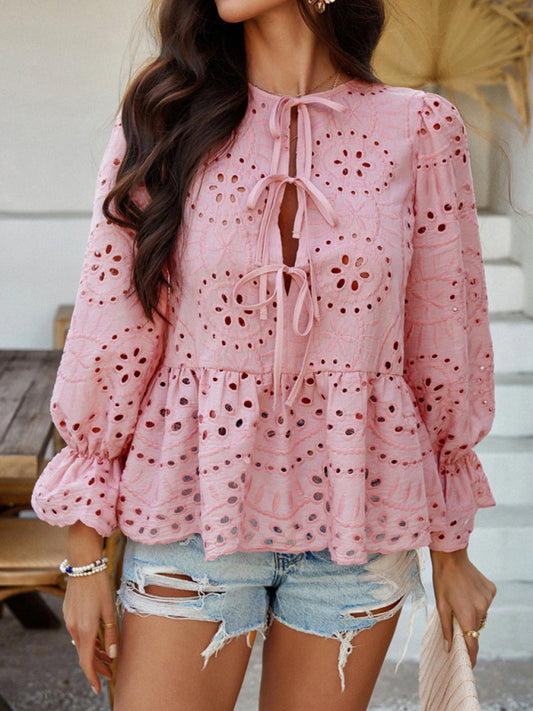 Blouses - Vacation Loose Lace-up Cardigan Solid Color Hollow Top