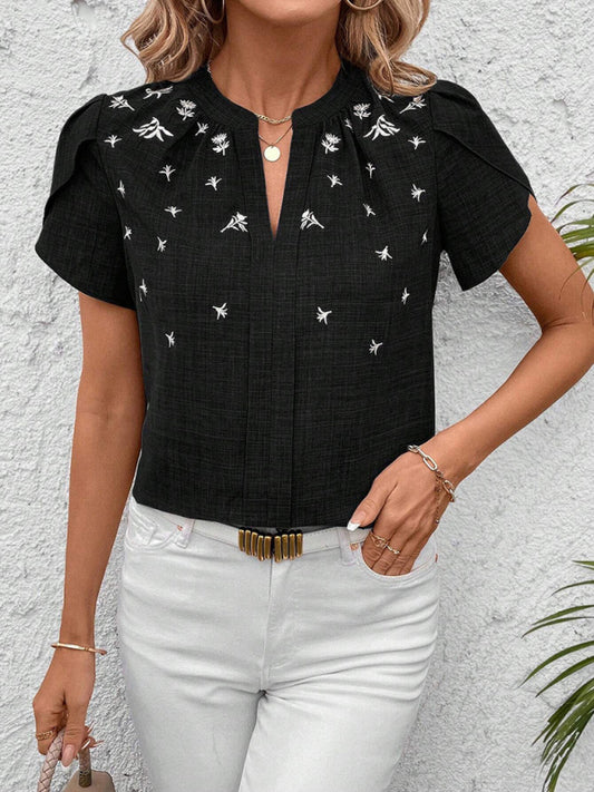 Blouses - Half-open collar short-sleeved shoulder wrinkled pullover solid color printed shirt