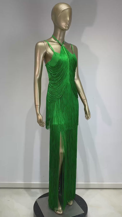 1920s-Inspired Green Fringe Halter Dress