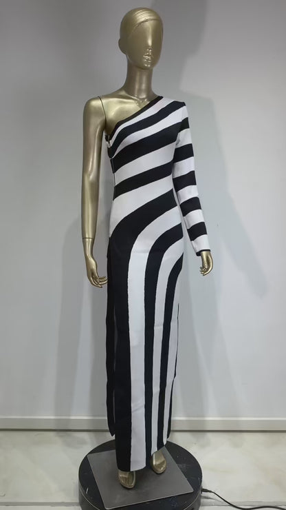 Trendy One-Shoulder Knit Dress Striped Evening Gown