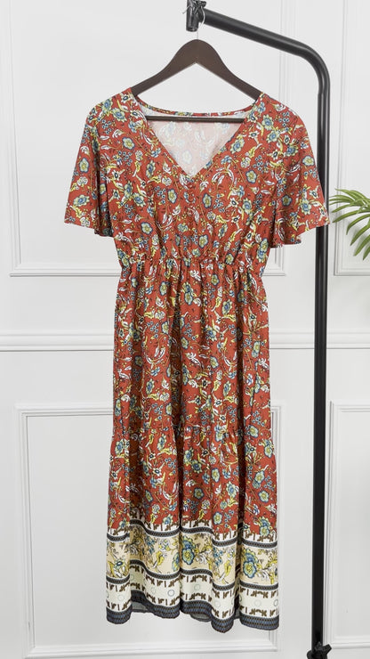 Robe midi décontractée à fleurs en coton à manches courtes et taille nouée 