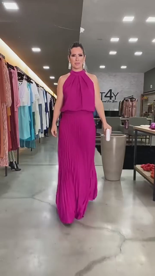 Cocktail-Blouson-Maxikleid mit Plissee und Schleife hinten 