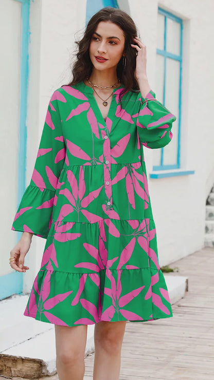 Tropical Print Tiered Flowy Tent Long Sleeve Dress