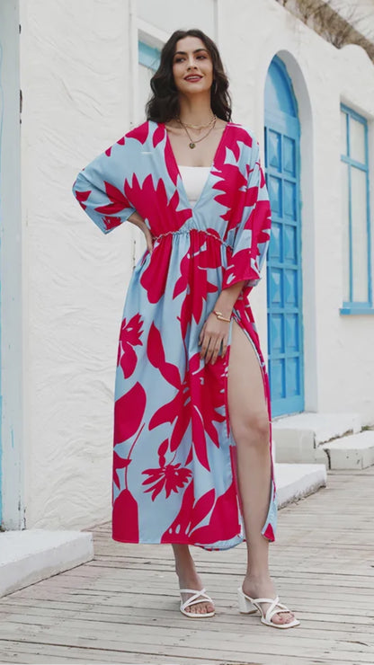 Robe longue fendue à col plongeant et imprimé tropical 