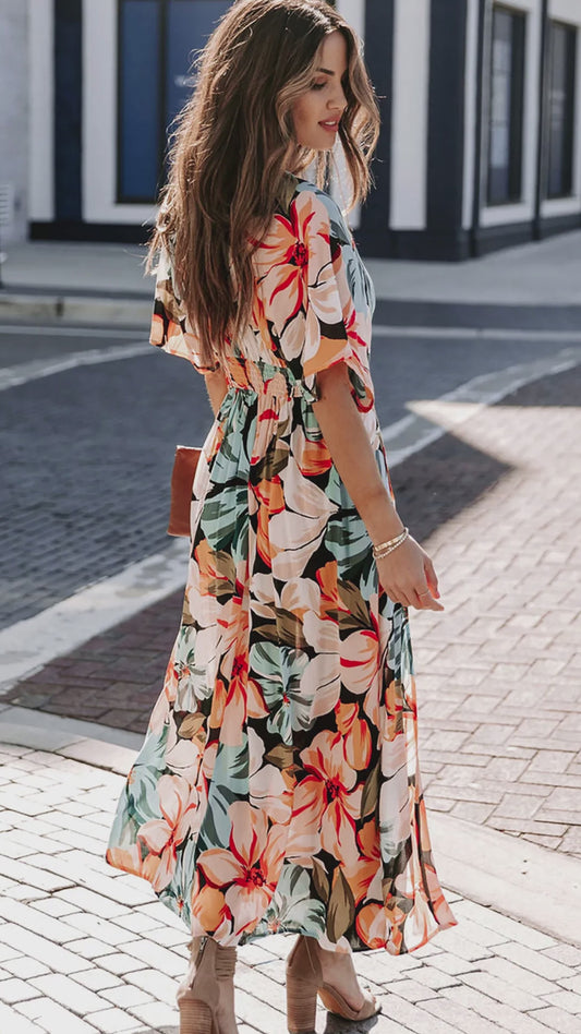 Elegant Vacation Plunge Floral Slit Maxi Dress