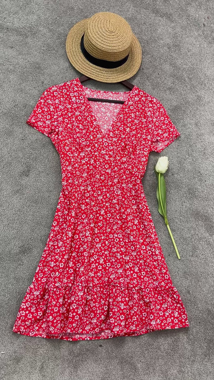 Casual Floral Print A-Line Short Sleeve V-Neck Ruffle Mini Dress