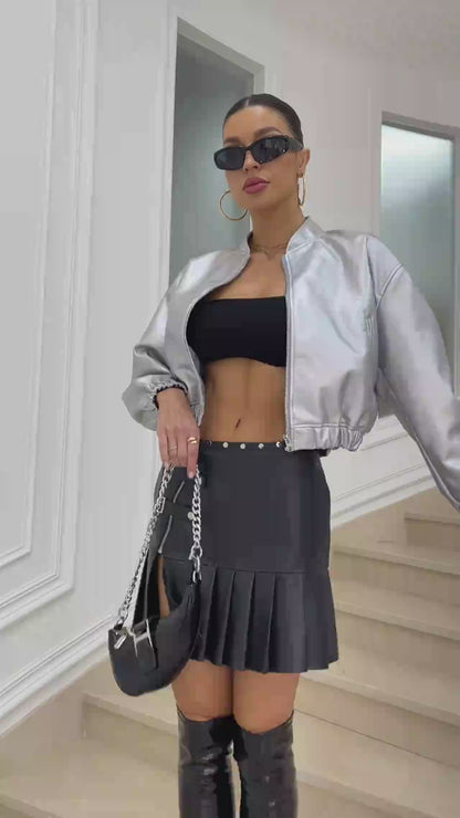 Metallic Bomber Silver Pilot Jacket