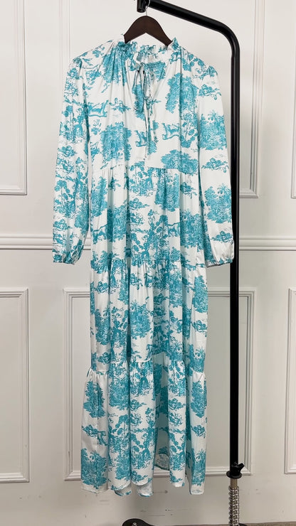 Boho Floral Vacation Tiered Lantern Sleeve V-Neck Maxi Dress