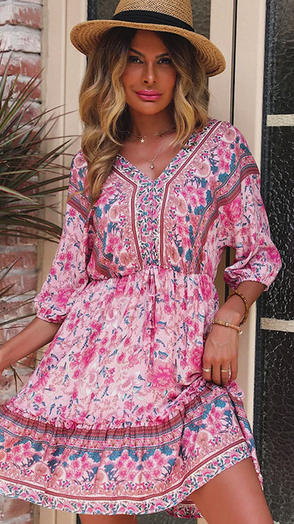 Floral Tie Waist Open Back 3/4 Sleeve Mini Dress