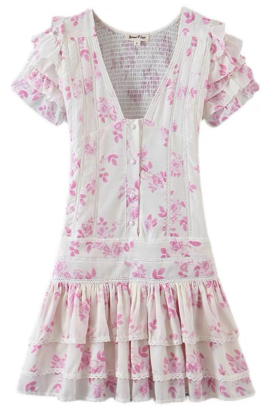 Dress- Summer Floral Smocked Ruffle Tiered Mini Dress- Pink- Pekosa Women Clothing