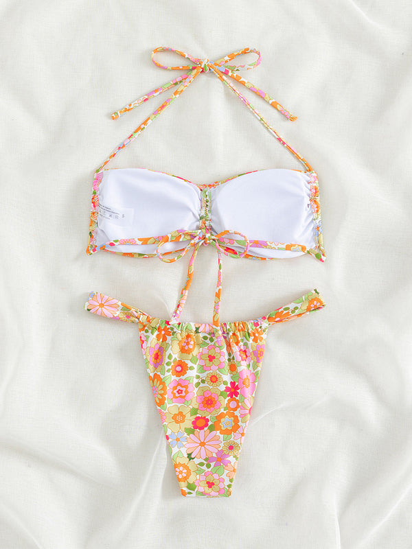 2 Piece Bikini- Floral 2 Piece High Hips Thong and Wireless Tie Bra- - Pekosa Women Clothing