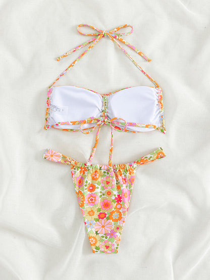 2 Piece Bikini- Floral 2 Piece High Hips Thong and Wireless Tie Bra- - Pekosa Women Clothing