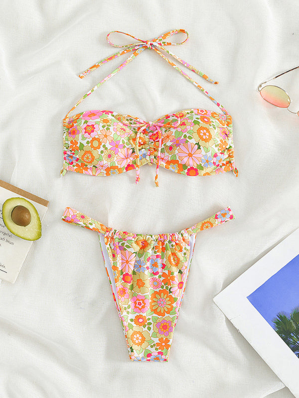 2 Piece Bikini- Floral 2 Piece High Hips Thong and Wireless Tie Bra- - Pekosa Women Clothing