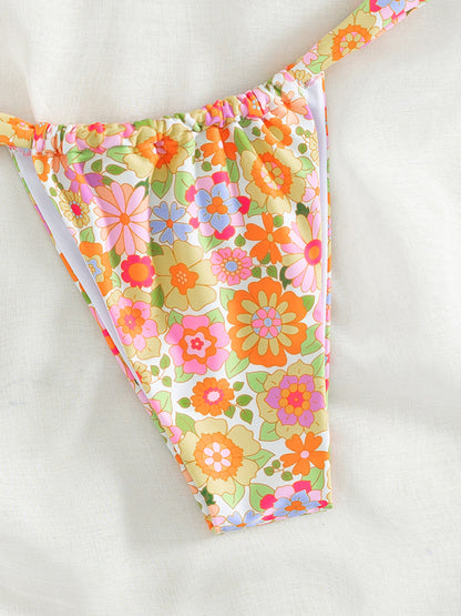 2 Piece Bikini- Floral 2 Piece High Hips Thong and Wireless Tie Bra- - Pekosa Women Clothing