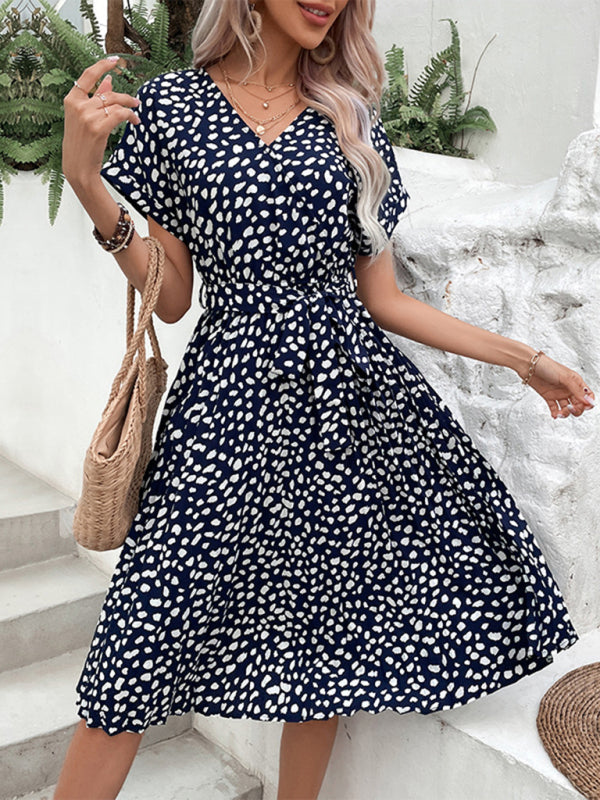 A-Line Dresses- Belt-Tie Midi Dress in Leopard Print & Surplice Style- - Pekosa Women Clothing