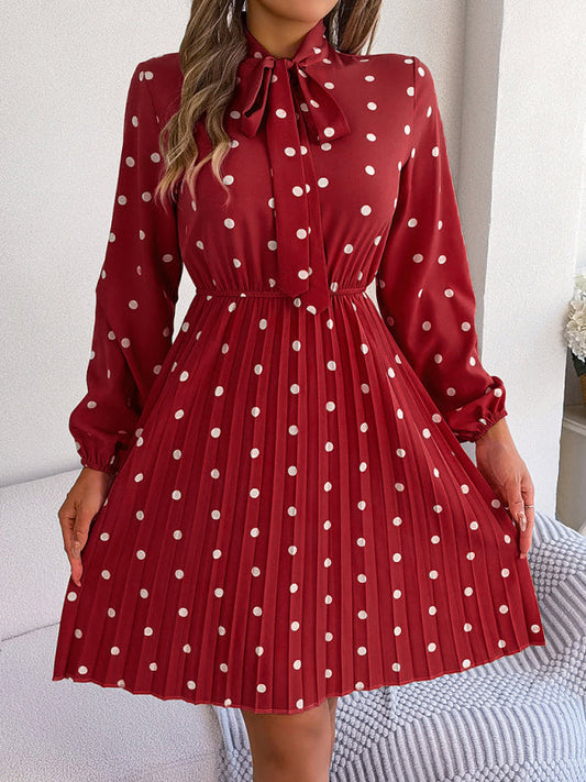 A-Line Dresses- Cocktail Polka Dot Pleated A-Line Stand Collar Bow Dress- Red- Pekosa Women Clothing