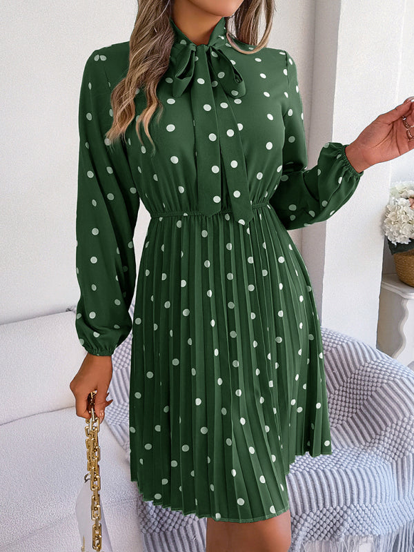 A-Line Dresses- Cocktail Polka Dot Pleated A-Line Stand Collar Bow Dress- Green- Pekosa Women Clothing