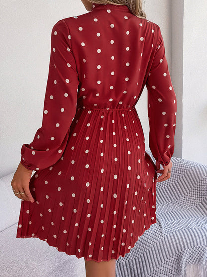 A-Line Dresses- Cocktail Polka Dot Pleated A-Line Stand Collar Bow Dress- - Pekosa Women Clothing