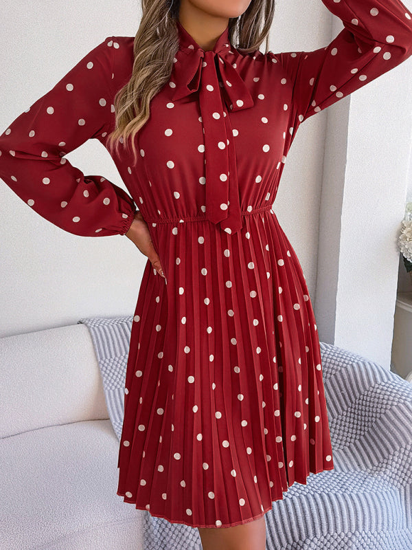 A-Line Dresses- Cocktail Polka Dot Pleated A-Line Stand Collar Bow Dress- - Pekosa Women Clothing