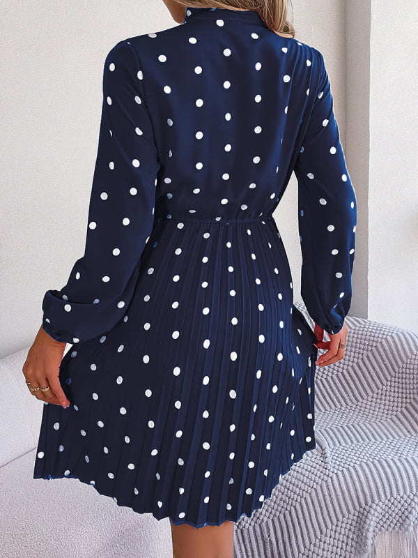 A-Line Dresses- Cocktail Polka Dot Pleated A-Line Stand Collar Bow Dress- - Pekosa Women Clothing