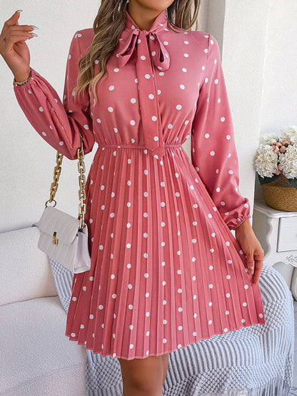 A-Line Dresses- Cocktail Polka Dot Pleated A-Line Stand Collar Bow Dress- - Pekosa Women Clothing