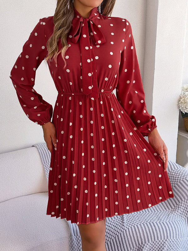 A-Line Dresses- Cocktail Polka Dot Pleated A-Line Stand Collar Bow Dress- - Pekosa Women Clothing