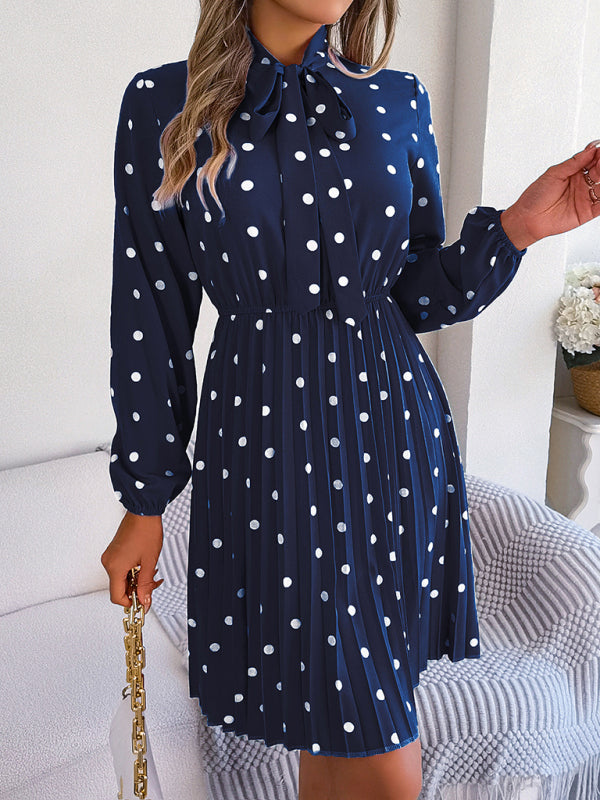 A-Line Dresses- Cocktail Polka Dot Pleated A-Line Stand Collar Bow Dress- - Pekosa Women Clothing