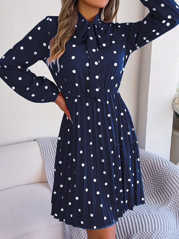 A-Line Dresses- Cocktail Polka Dot Pleated A-Line Stand Collar Bow Dress- - Pekosa Women Clothing